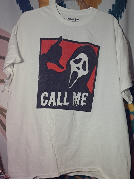 Tops - Ghost Face 'Call Me' Graphic Tee - White with Black & Red Print